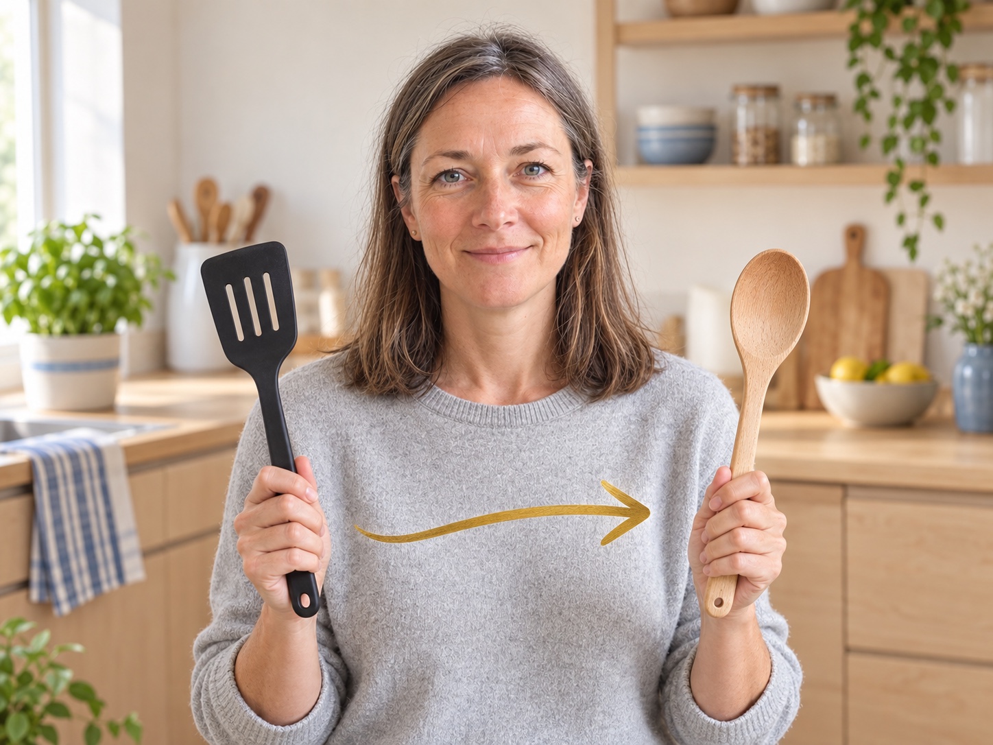 Freya smiling confidently, swapping a black plastic cooking utensil for a wooden spoon